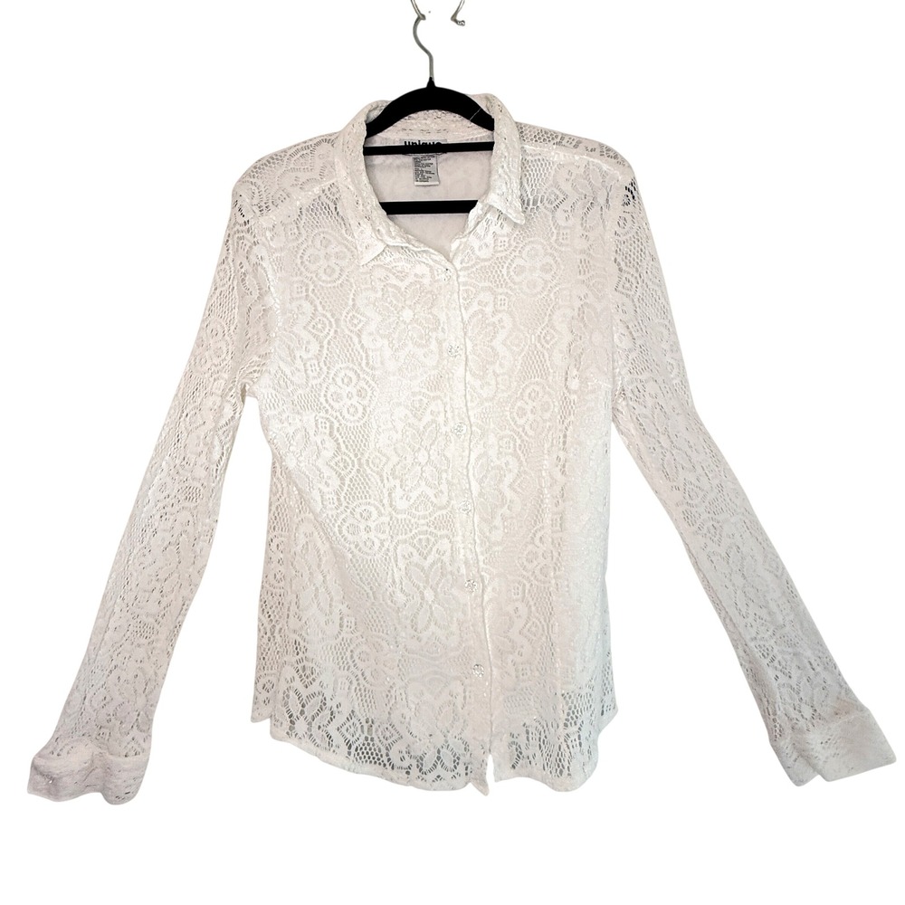 Unique Spectrum White Floral Lace Button Down Blouse L Romantic Boho Sheer